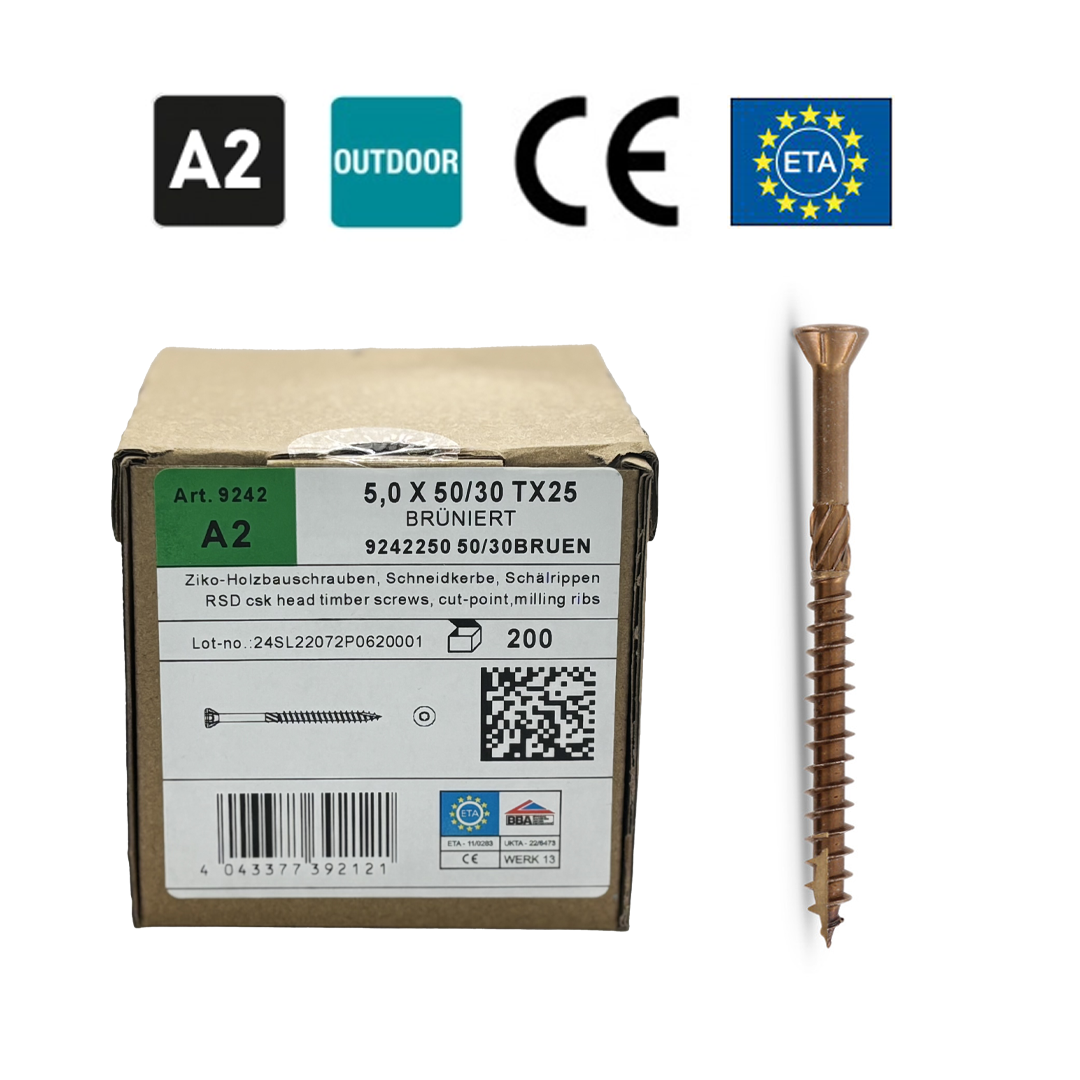 Deck Screws 5 X 50-60mm, A2 Class, 200pcs., TX25 Head, Stainless Steel