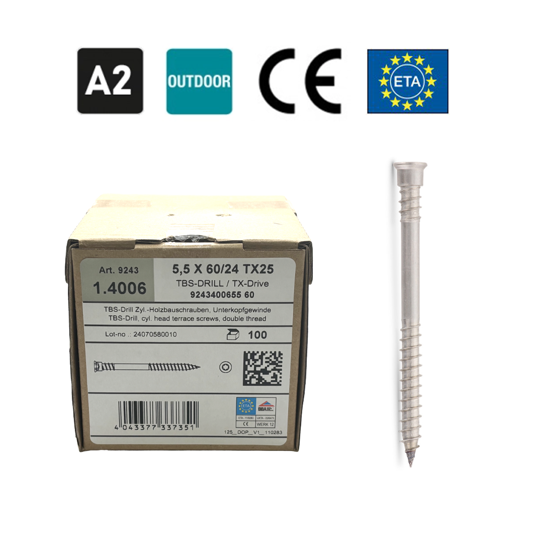 Deck Screws 5.5x60mm, A2 Class, 100 pcs., TX25 Head, Stainless Steel