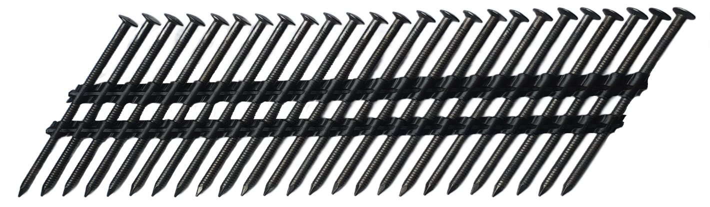 Nerūsējošā tērauda melni oksidētas naglas plāksnēs (2.9/3.3 x 65 mm; 34°; 1000 gab.; A2)