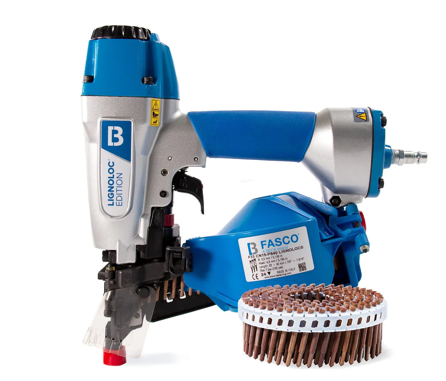 FASCO F33 CN15-PS40 pneimatiskais koka naglu naglotājs naglām ruļļos (22 - 40mm)(15°)