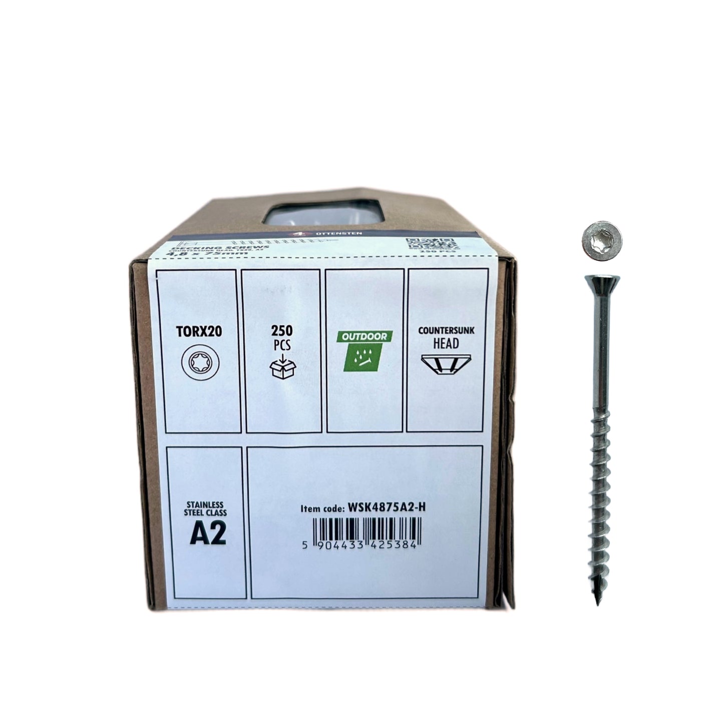Stainless Steel Deck Screws for Wood 4.8 x 75mm, TX20 Head, A2, 250 pcs.