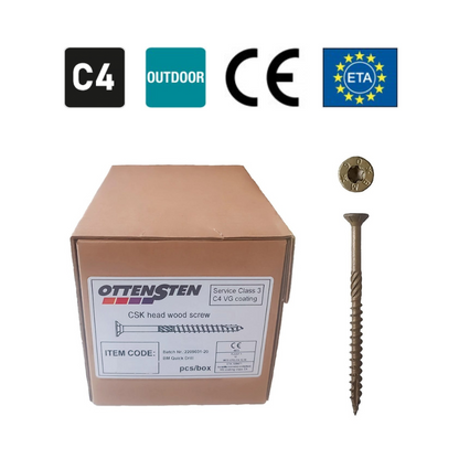 Skrūves kokam 5X70 - 100mm (C4 klase, 250 gab., fasādēm, terasēm, TX25; OTTENSTEN)