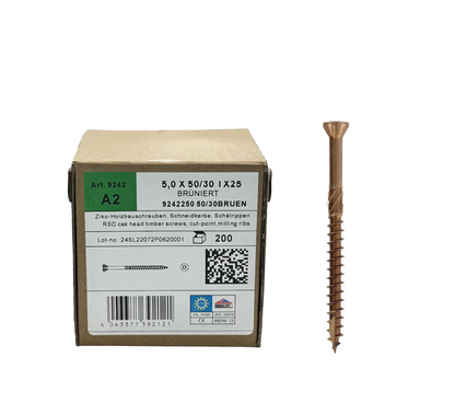 Terases skrūves 5x50–80 mm TX brūnas nerūsējošā tērauda A2