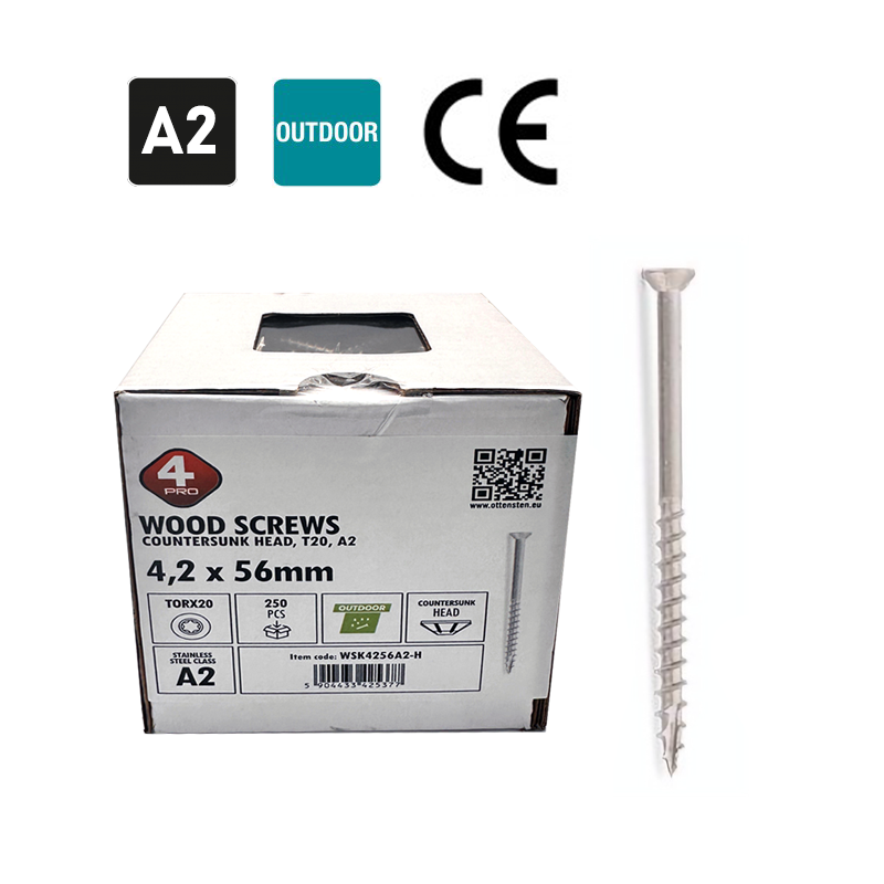 Stainless Steel Deck Screws 4.2 x 56mm (Deck Screws, Facade Screws TX20 Head, CE Certificate, A2, 250 pcs.)