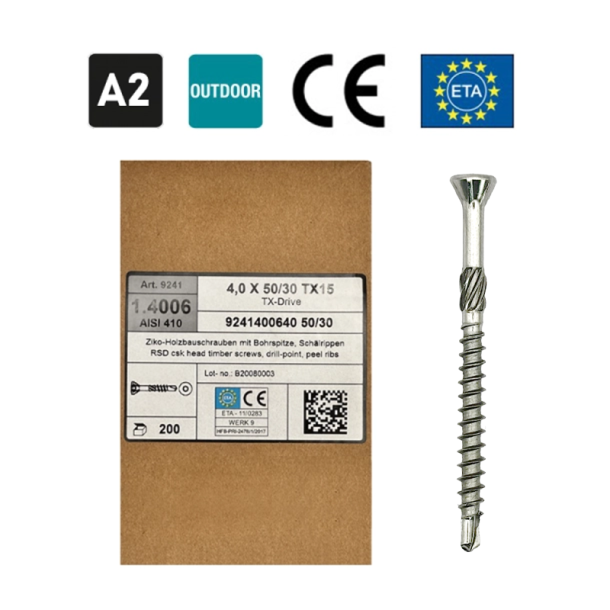 Nerūsējošā tērauda fasādes skrūves kokam 4X50, TX15 galva, ārdarbiem, fasādei, A2, 200 gab. (1)