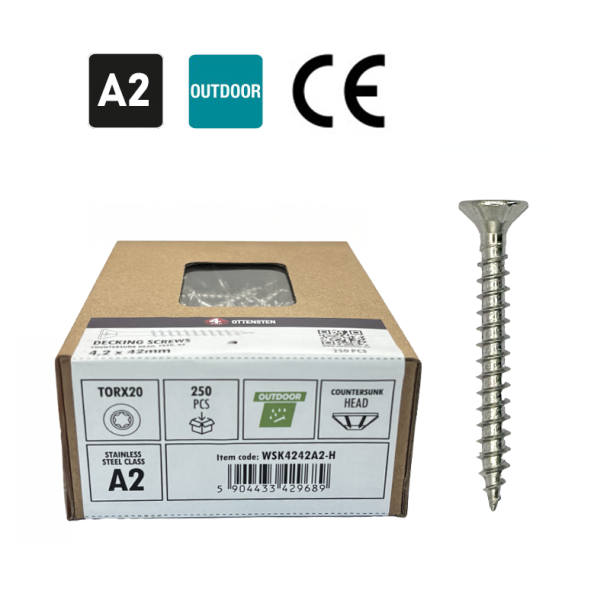Nerūsējošā tērauda terases skrūves 4.2 x 42mm (terases skrūves, fasādes skrūves TX20 galva, CE sertifikāts, A2, 250 gab.) (1)